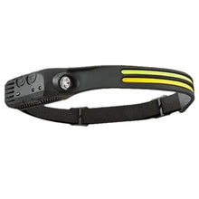 Rechargeable LED headlamp with black adjustable strap and yellow light bars