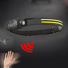 Rechargeable LED headlamp with red wireless signal icon and yellow light bars