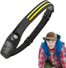 Rechargeable LED headlamp, black headband with yellow stripe and front sensor button