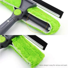 Window squeegee mop with green microfiber pads and grey rotating head
