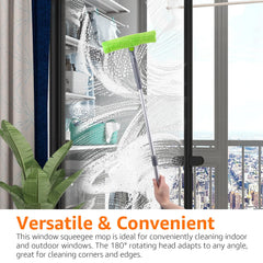 Rotating head glass cleaner with green microfiber pad cleaning a large window with soap foam