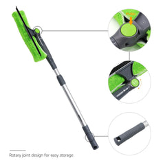 Green and gray rotating head glass cleaner with extendable handle and push button for easy storage