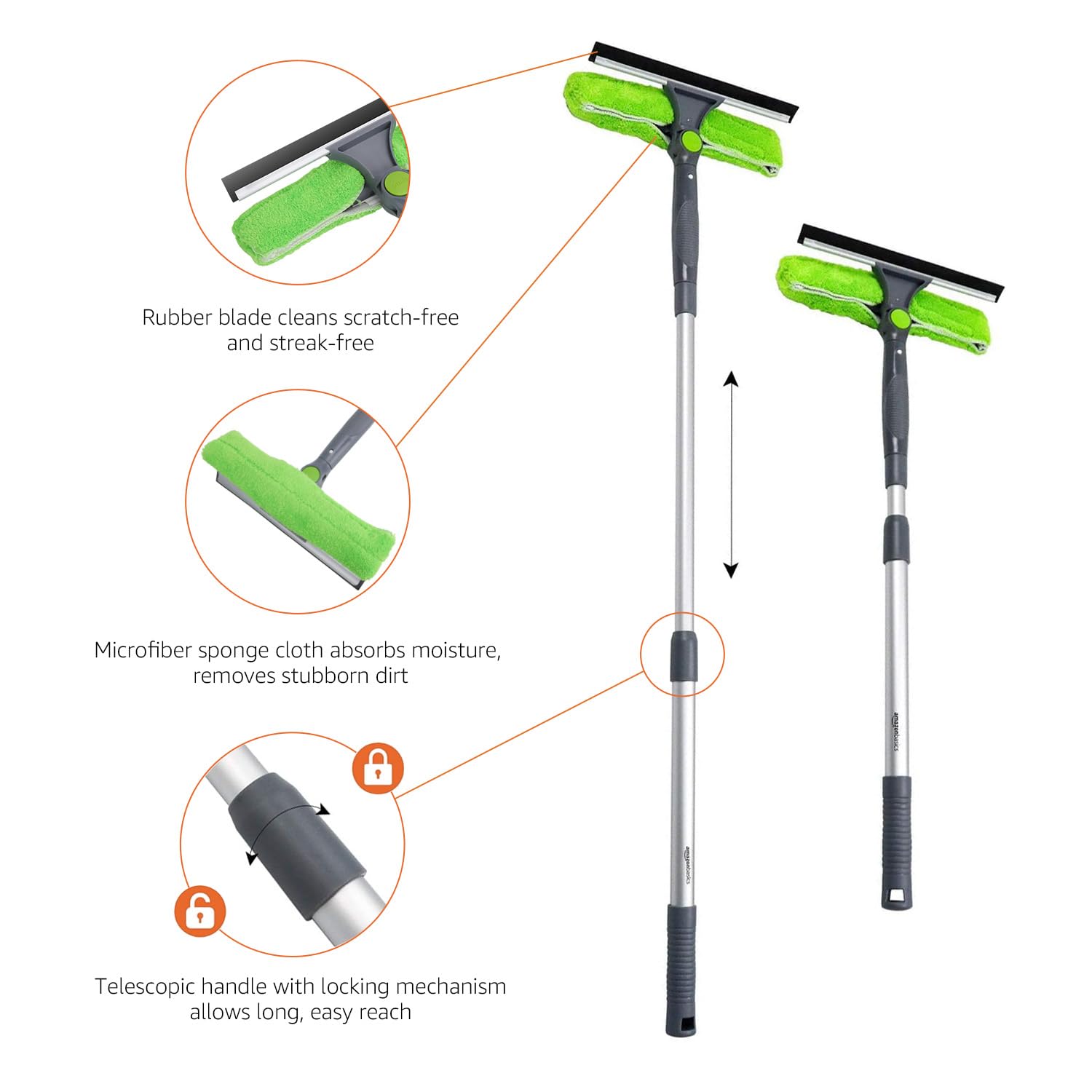 Amazon Basics rotating head glass cleaner with rubber blade, microfiber sponge, and telescopic handle