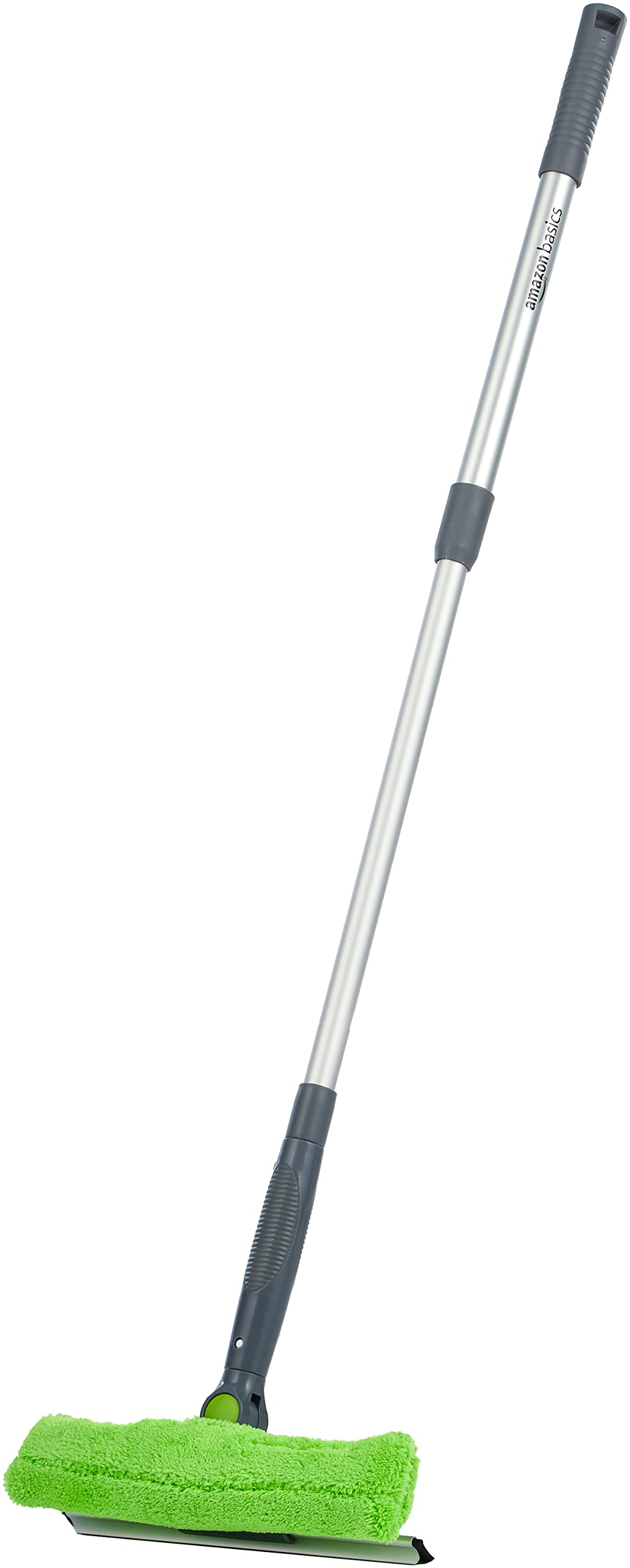 Amazon Basics rotating head glass cleaner with extendable handle and green microfiber cleaning pad