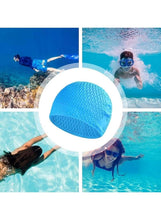 Blue silicone swim cap with textured surface, displayed in circular cutout