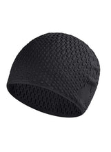 Black textured silicone swimming cap, snug fit for long hair