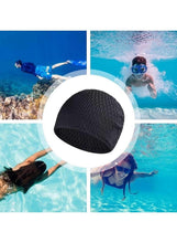 Black textured silicone swimming cap, circular design for full head coverage