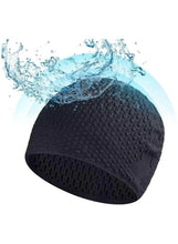 Black textured silicone swimming cap with water droplets, snug swim fit