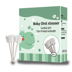 Baby oral cleaner box with green dinosaur and 60 white gauze swabs on sticks baby tongue cleaner soft gauze