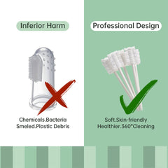 baby tongue cleaner soft gauze swabs comparison showing crossed out silicone finger brush and recommended soft gauze sticks