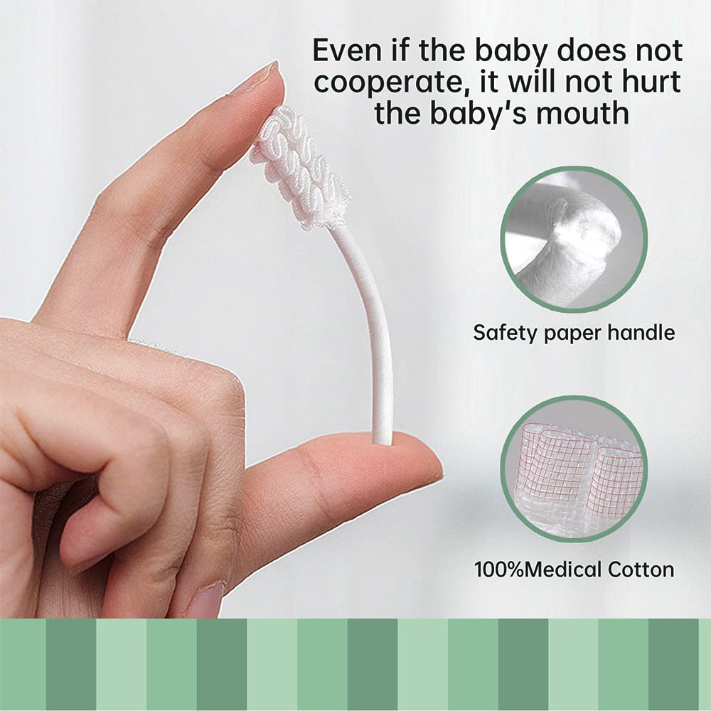 Adult hand holding baby tongue cleaner soft gauze showing safety paper handle and 100 percent medical cotton pad