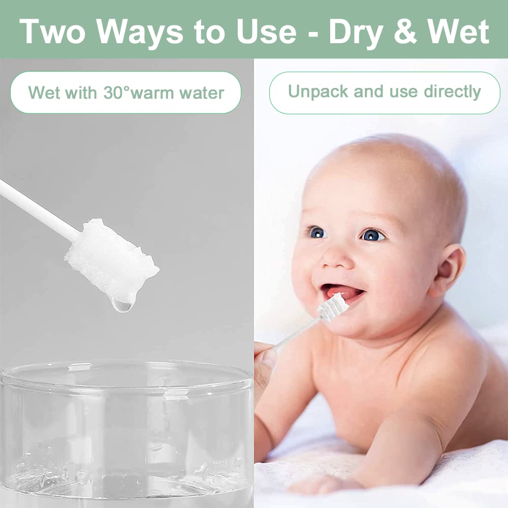 baby tongue cleaner soft gauze on applicator wet and dry use shown with baby for gentle tongue cleaning