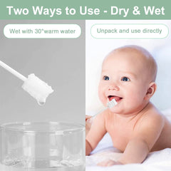 baby tongue cleaner soft gauze on applicator wet and dry use shown with baby for gentle tongue cleaning