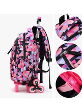Rolling school backpack with wheels, pink geometric pattern and black shoulder straps