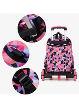 Geometric wheeled backpack with padded shoulder straps and pink pull handle