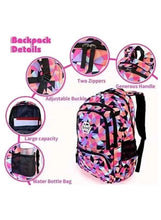 Geometric rolling backpack with two zippers, adjustable buckle, and side water bottle bag