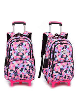 Geometric pink and purple wheeled school backpack with telescoping handle