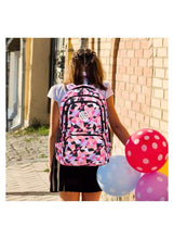 Geometric rolling school backpack worn by child from behind with pink wheels