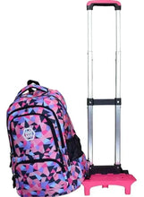 Geometric rolling backpack with extended silver handle and pink base wheels