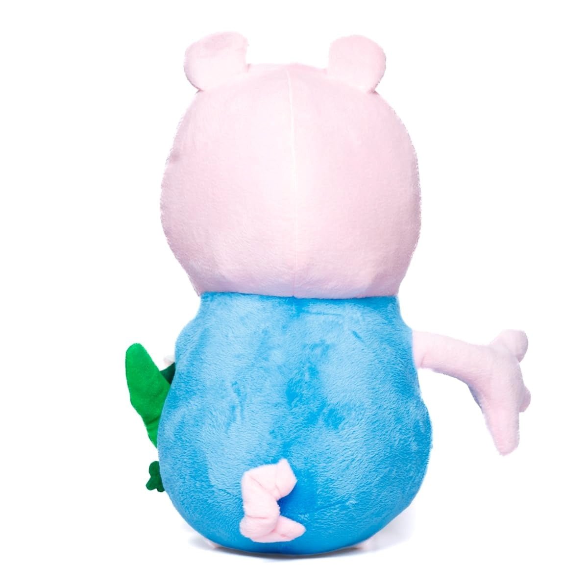 Back view of George Buddy soft toy 19x10cm plush with pink head and blue body holding green accessory