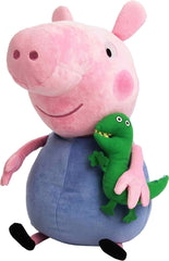 George Buddy soft toy 19x10cm plush pig holding a green dinosaur toy by Huitich