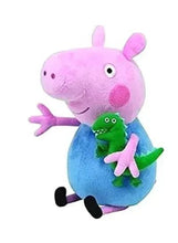 Pink plush pig character with blue outfit, green dinosaur on arm, soft doll toy.