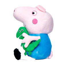 Pink pig-style plush doll with blue outfit, holding green dinosaur plush.