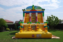 Giant inflatable dinosaur water slide with climbing ladder, rainbow chute, and pool base