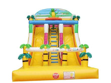 Giant inflatable water slide with dinosaur theme, yellow body, ladder and side slides