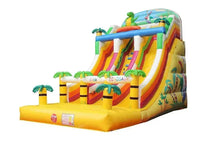 Inflatable dinosaur water slide with rainbow side chute, palm posts, and ladder