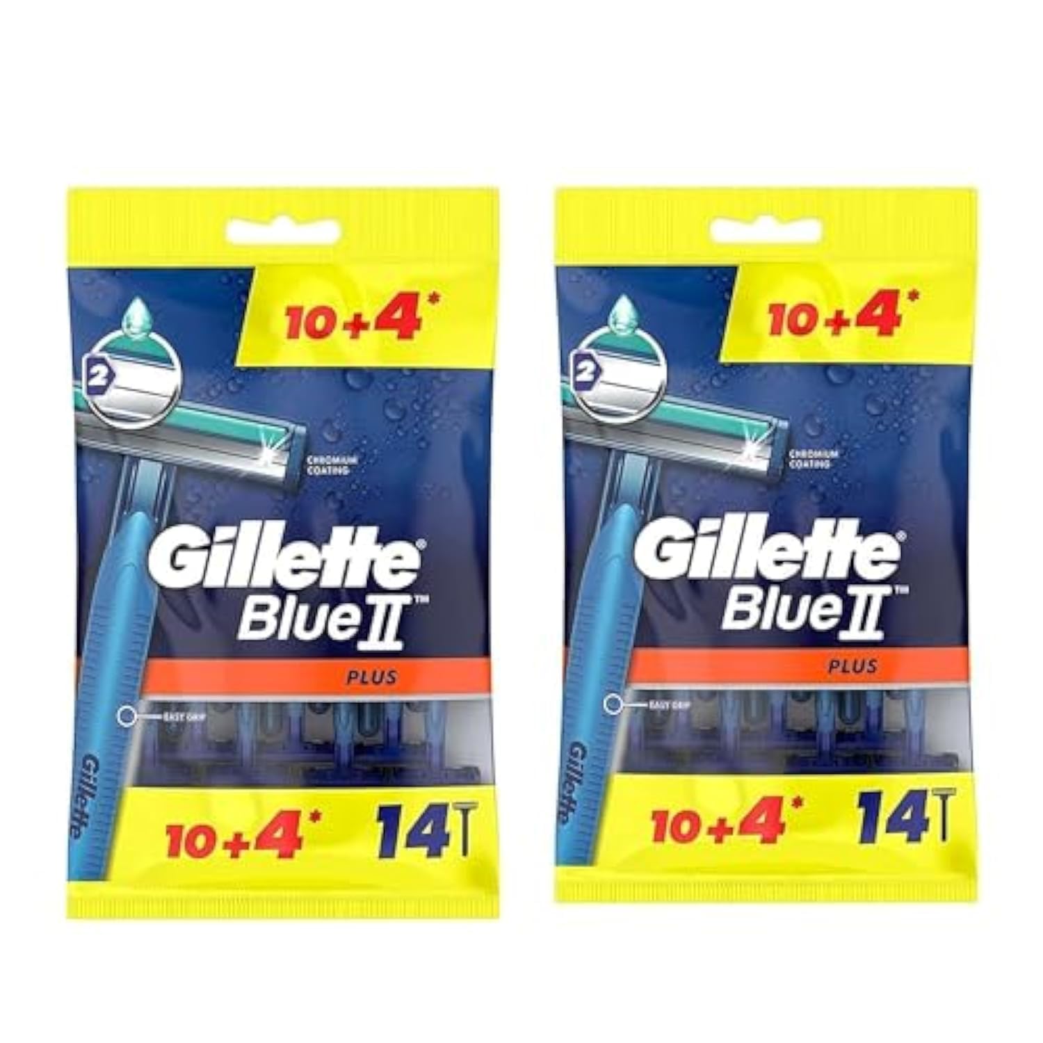 Two 14 count value packs of Gillette Blue II Plus disposable razors. Twin yellow and blue multipacks