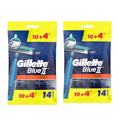 Two 14 count value packs of Gillette Blue II Plus disposable razors. Twin yellow and blue multipacks