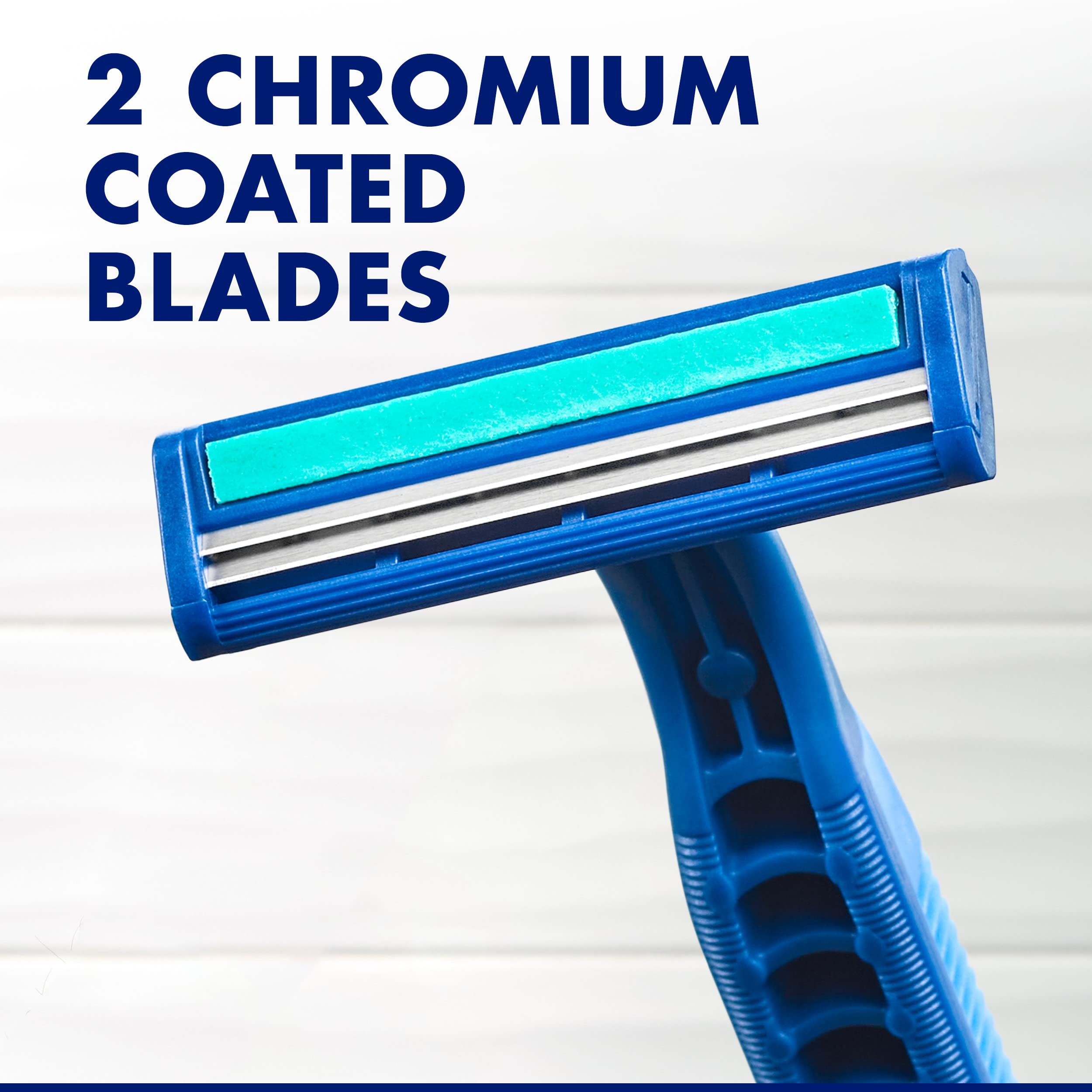 Gillette Blue Ii Plus men's razors blue disposable razor showing two chromium coated blades and moisturizing strip