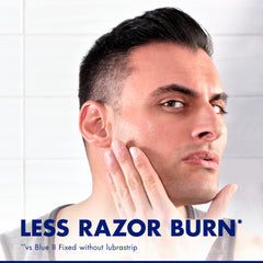 Man checking smooth cheek in bathroom with Gillette Blue Ii Plus men's razors promoting less razor burn