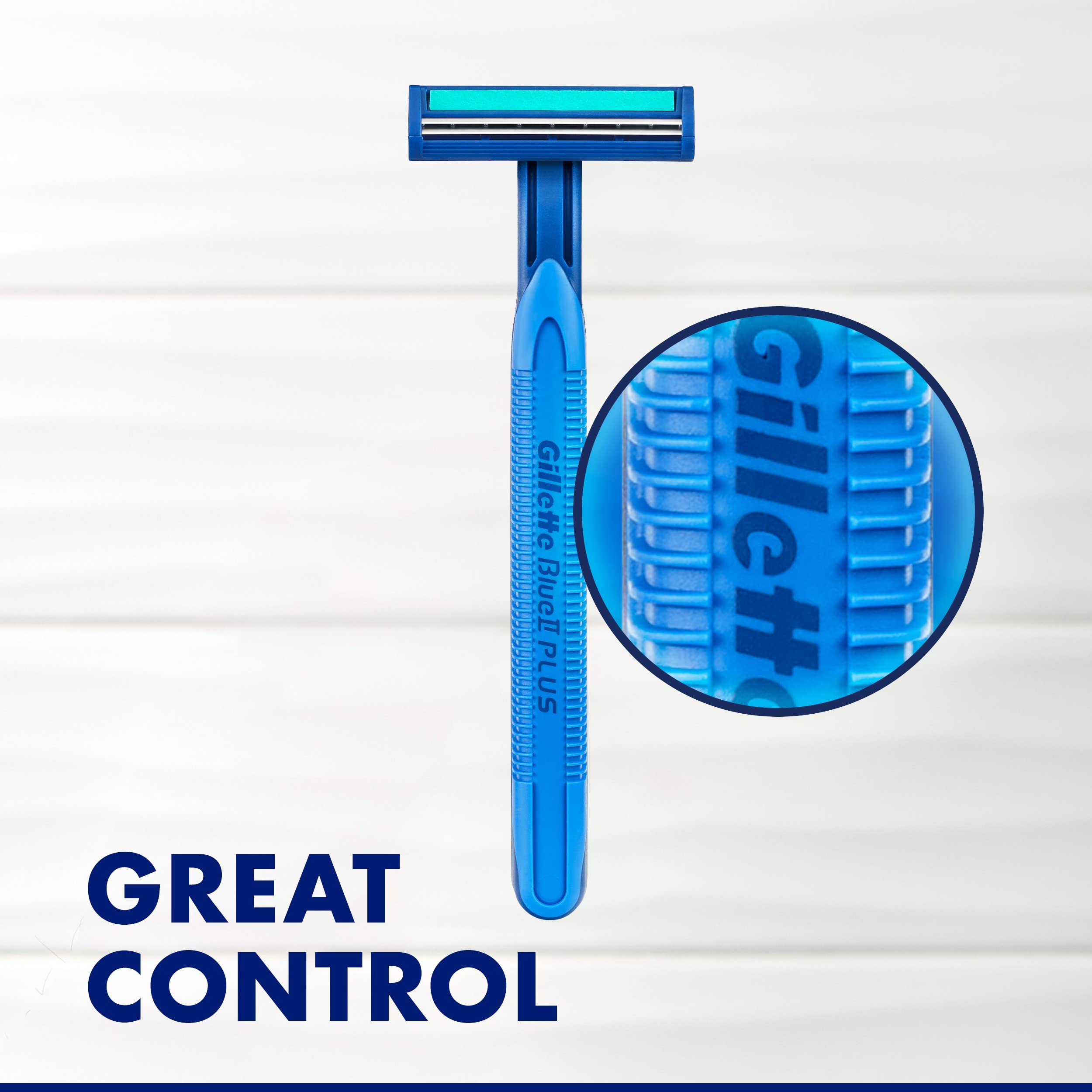 Blue disposable razor with textured grip and close up detail highlighting Gillette Blue Ii Plus men's razors for great control