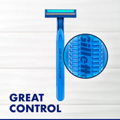Blue disposable razor with textured grip and close up detail highlighting Gillette Blue Ii Plus men's razors for great control