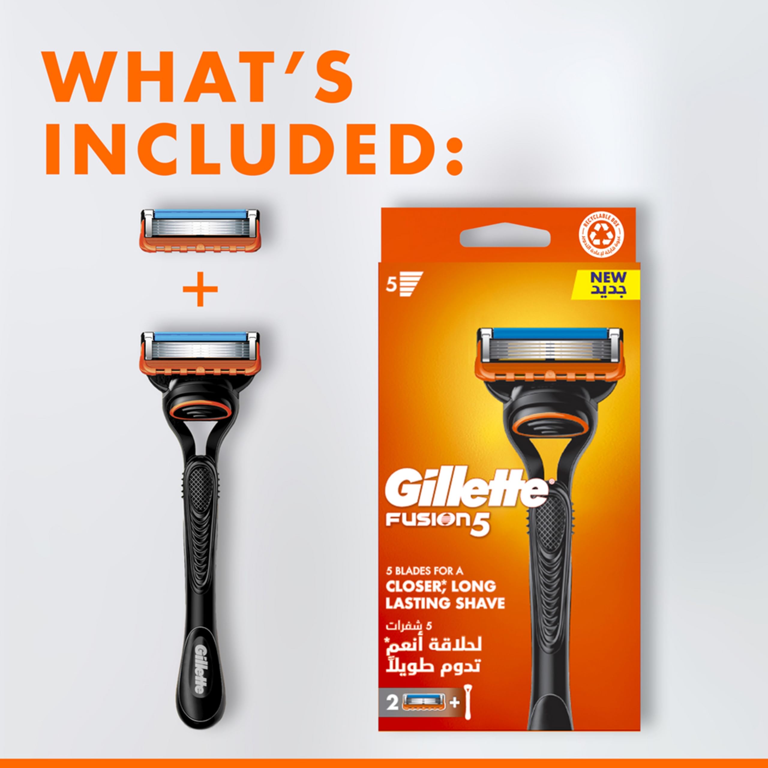 Gillette Fusion 5 men's razor with black handle spare blade cartridge and orange retail box packaging