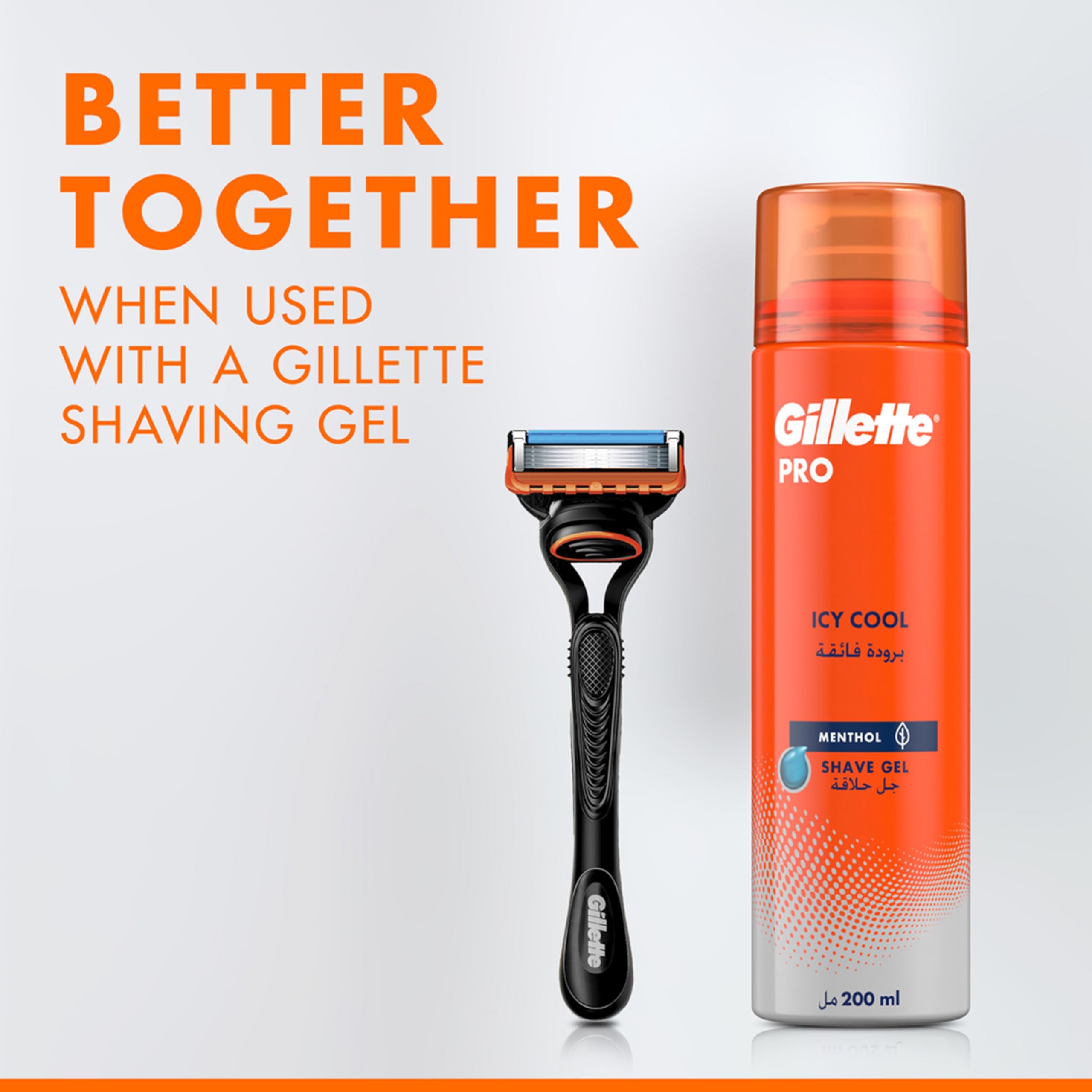 Gillette Fusion 5 men's razor next to Gillette Pro Icy Cool shaving gel can on white background