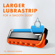 Razor blade cartridge with blue lubrastrip and orange base