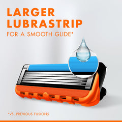 Gillette Fusion 5 men's razor cartridge close up showing larger blue lubrastrip for smooth glide