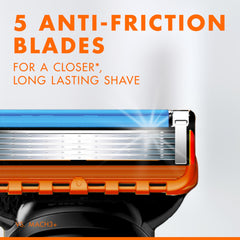 Close up of Gillette Fusion 5 men's razor head showing five anti friction blades and lubricating strip