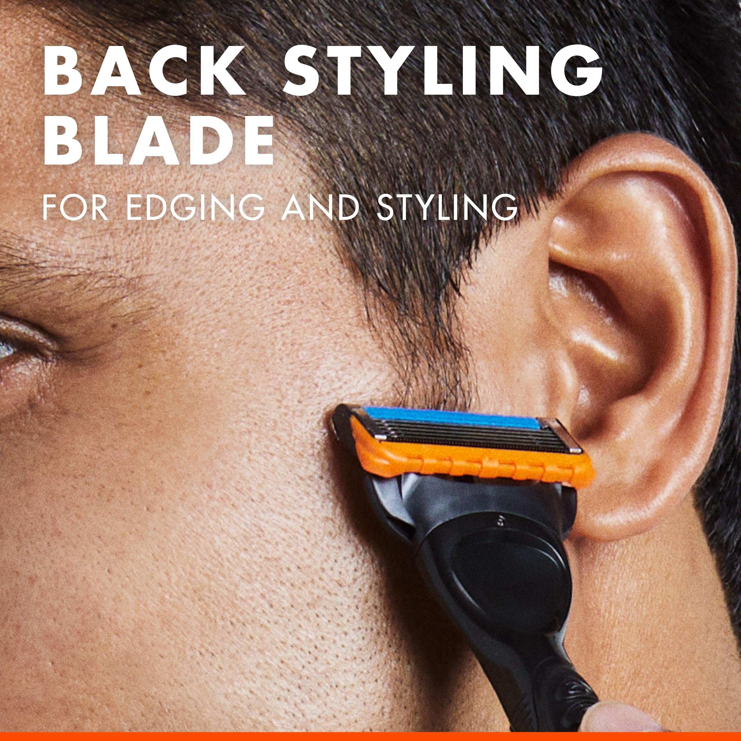 Man edging sideburn with back styling razor blade using Gillette Fusion Power blades 8 pack for precise trimming