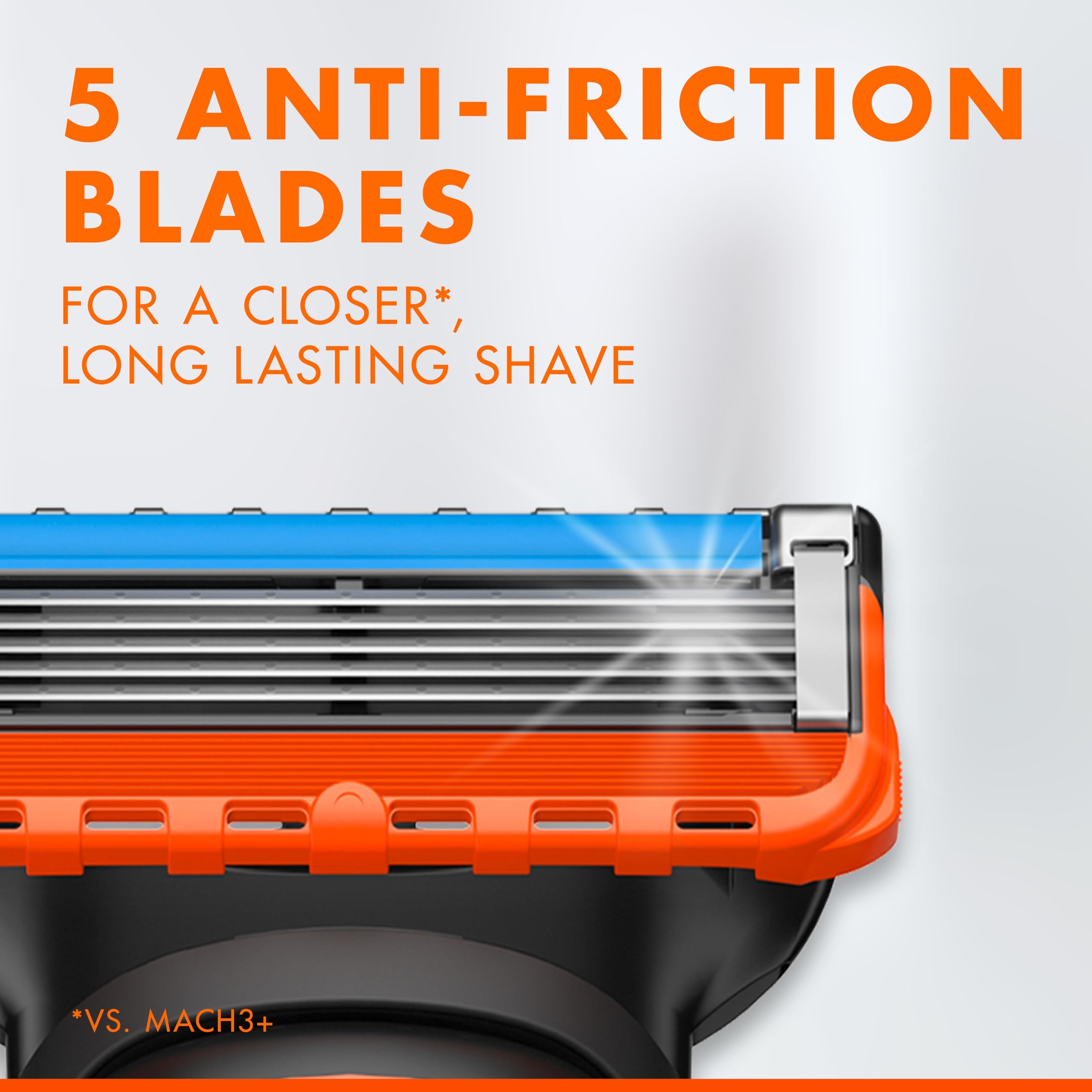 Close up razor head showing five anti friction blades and lubricating strip Gillette Fusion Power blades 8 pack