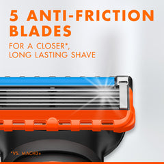 Close up razor head showing five anti friction blades and lubricating strip Gillette Fusion Power blades 8 pack