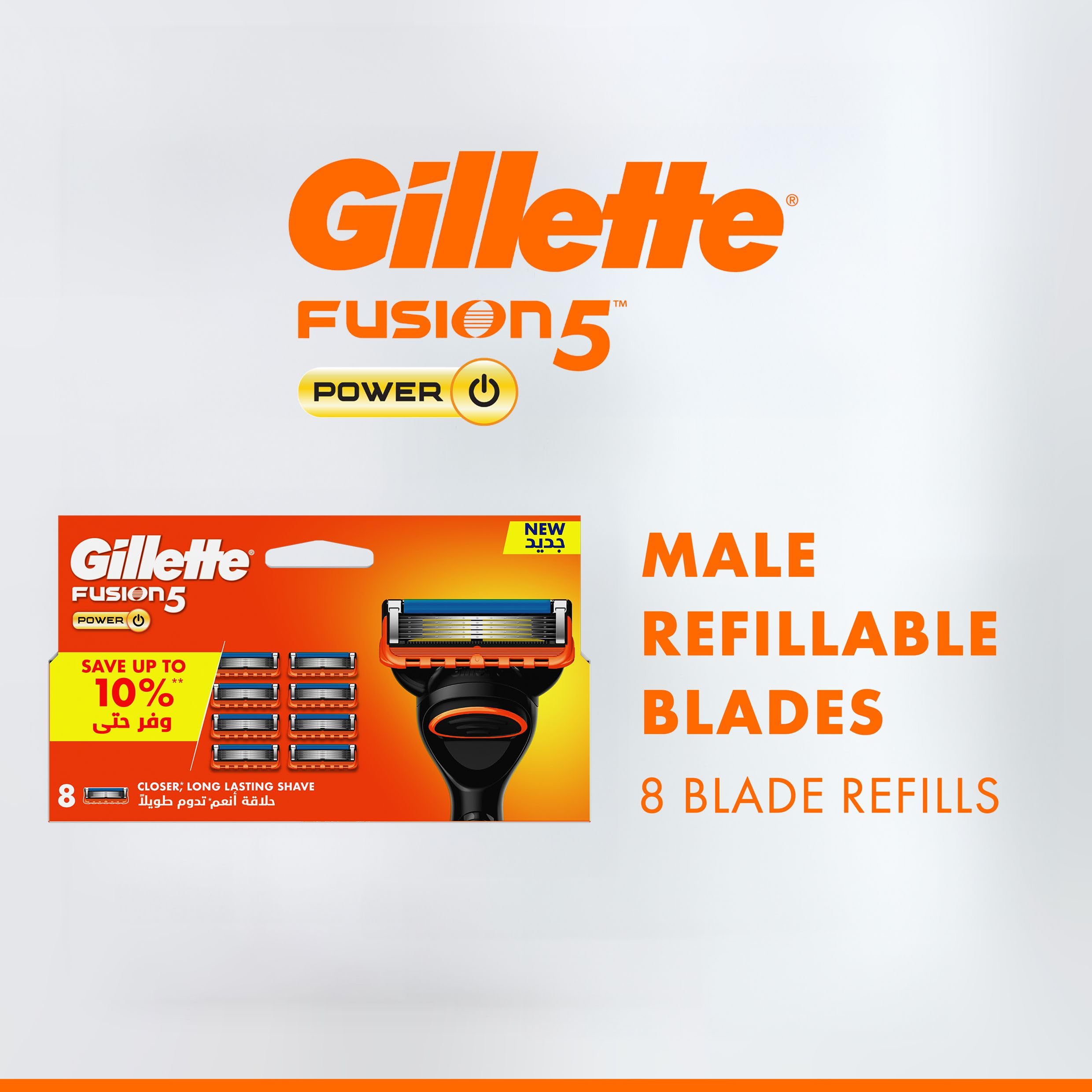 Gillette Fusion Power blades 8 pack male refillable razor blade refills in orange packaging showing handle and eight cartridges