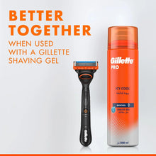 Shaving razor handle with blade cartridge, plus orange shaving gel
