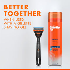 Gillette Fusion Power blades 8 pack with black Gillette razor and orange Gillette Pro icy cool shave gel can
