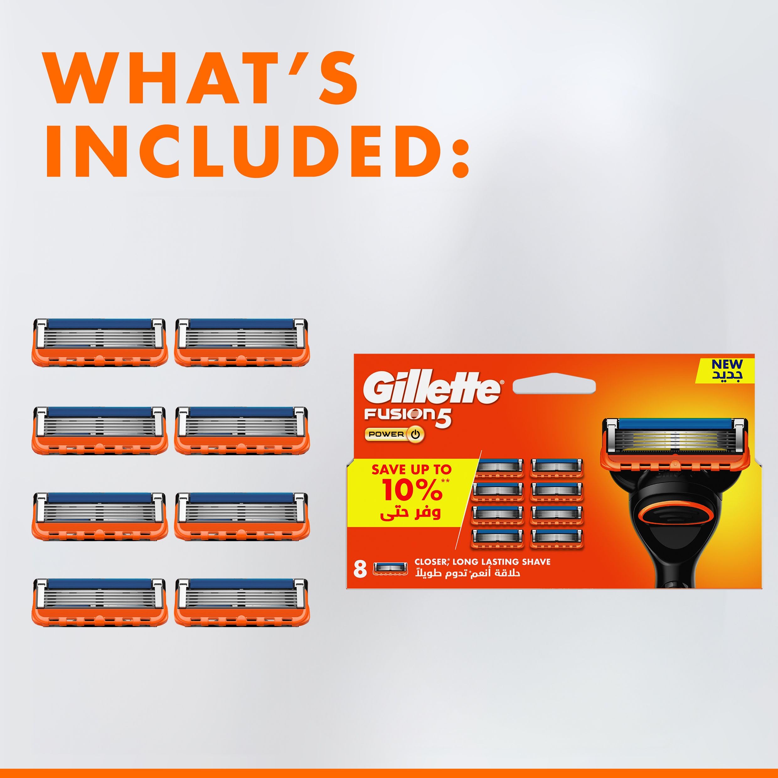 Gillette Fusion Power blades 8 pack box with eight replacement cartridges and Fusion5 Power razor handle displayed