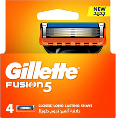 Gillette Fusion Power blades four pack replacement cartridges in orange Fusion5 packaging with cartridge close up