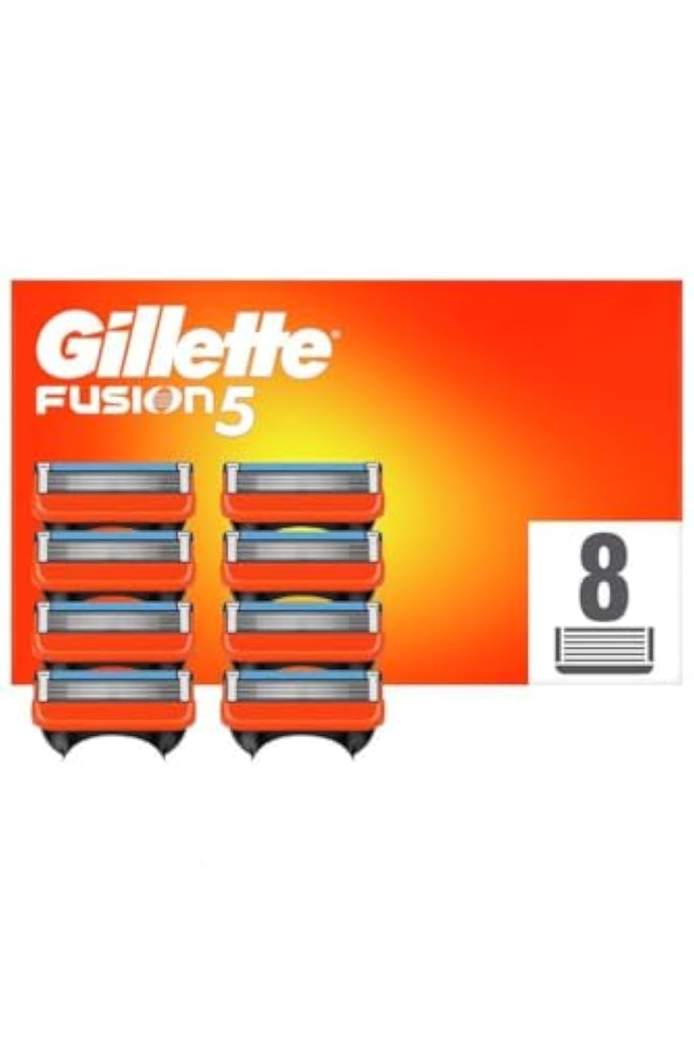 Gillette Fusion razor blades 8 pack replacement Fusion5 cartridges displayed with orange box